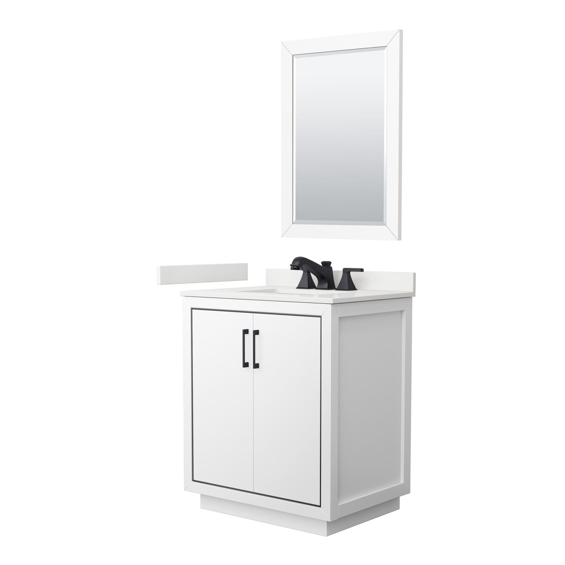 Wyndham Collection Icon 30" Single Bathroom Vanity in White, White Quartz Countertop, Undermount Square Sink (3-Hole), Matte Black Trim, 24" Mirror