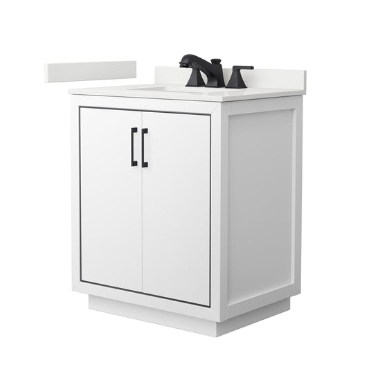 Wyndham Collection Icon 30" Single Bathroom Vanity in White, White Quartz Countertop, Undermount Square Sink (3-Hole), Matte Black Trim
