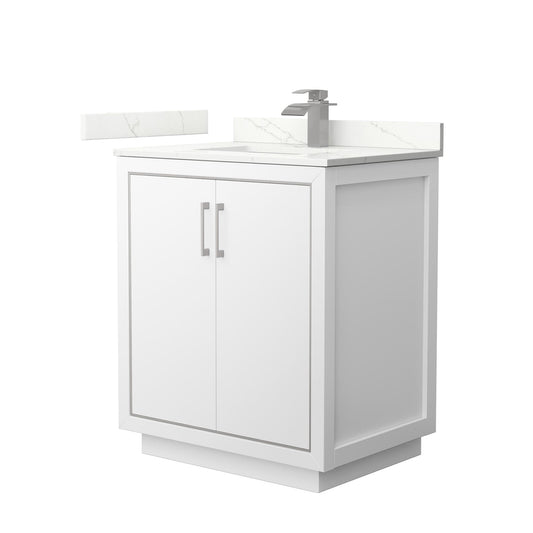Wyndham Collection Icon 30" Single Bathroom Vanity in White, Giotto Quartz Countertop, Undermount Square Sink (1-Hole), Brushed Nickel Trim