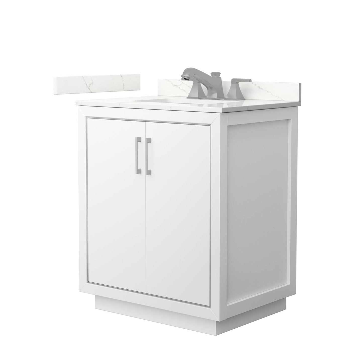 Wyndham Collection Icon 30" Single Bathroom Vanity in White, Giotto Quartz Countertop, Undermount Square Sink (3-Hole), Brushed Nickel Trim