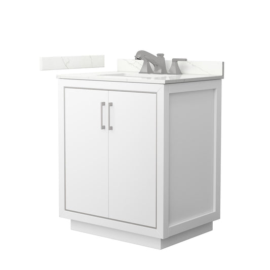 Wyndham Collection Icon 30" Single Bathroom Vanity in White, Giotto Quartz Countertop, Undermount Square Sink (3-Hole), Brushed Nickel Trim