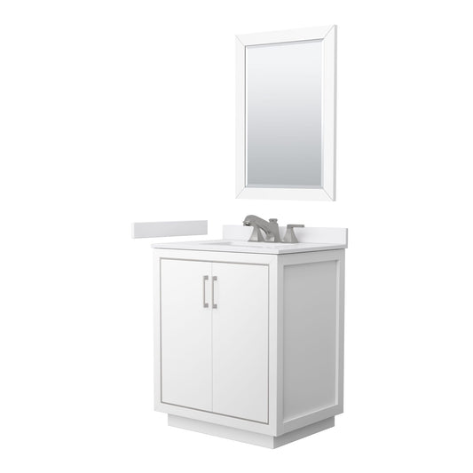 Wyndham Collection Icon 30" Single Bathroom Vanity in White, White Cultured Marble Countertop, Undermount Square Sink (3-Hole), Brushed Nickel Trim, 24" Mirror