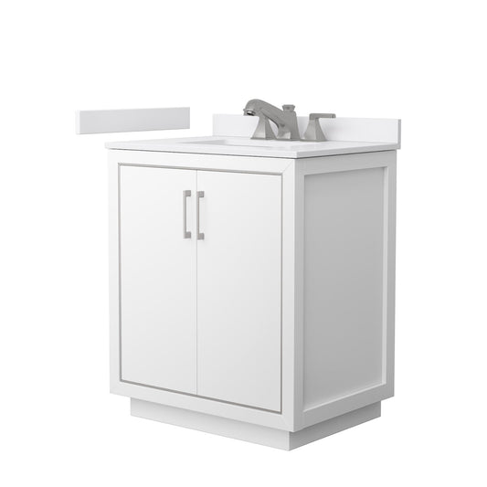 Wyndham Collection Icon 30" Single Bathroom Vanity in White, White Cultured Marble Countertop, Undermount Square Sink (3-Hole), Brushed Nickel Trim