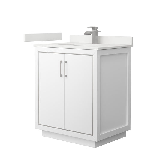 Wyndham Collection Icon 30" Single Bathroom Vanity in White, White Quartz Countertop, Undermount Square Sink (1-Hole), Brushed Nickel Trim