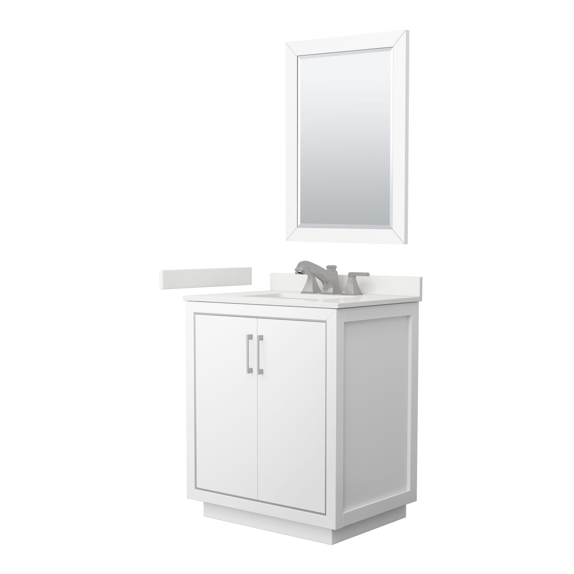 Wyndham Collection Icon 30" Single Bathroom Vanity in White, White Quartz Countertop, Undermount Square Sink (3-Hole), Brushed Nickel Trim, 24" Mirror