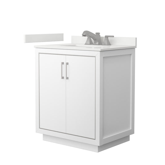 Wyndham Collection Icon 30" Single Bathroom Vanity in White, White Quartz Countertop, Undermount Square Sink (3-Hole), Brushed Nickel Trim