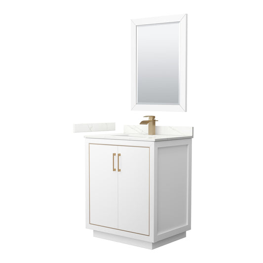 Wyndham Collection Icon 30" Single Bathroom Vanity in White, Giotto Quartz Countertop, Undermount Square Sink (1-Hole), Satin Bronze Trim, 24" Mirror