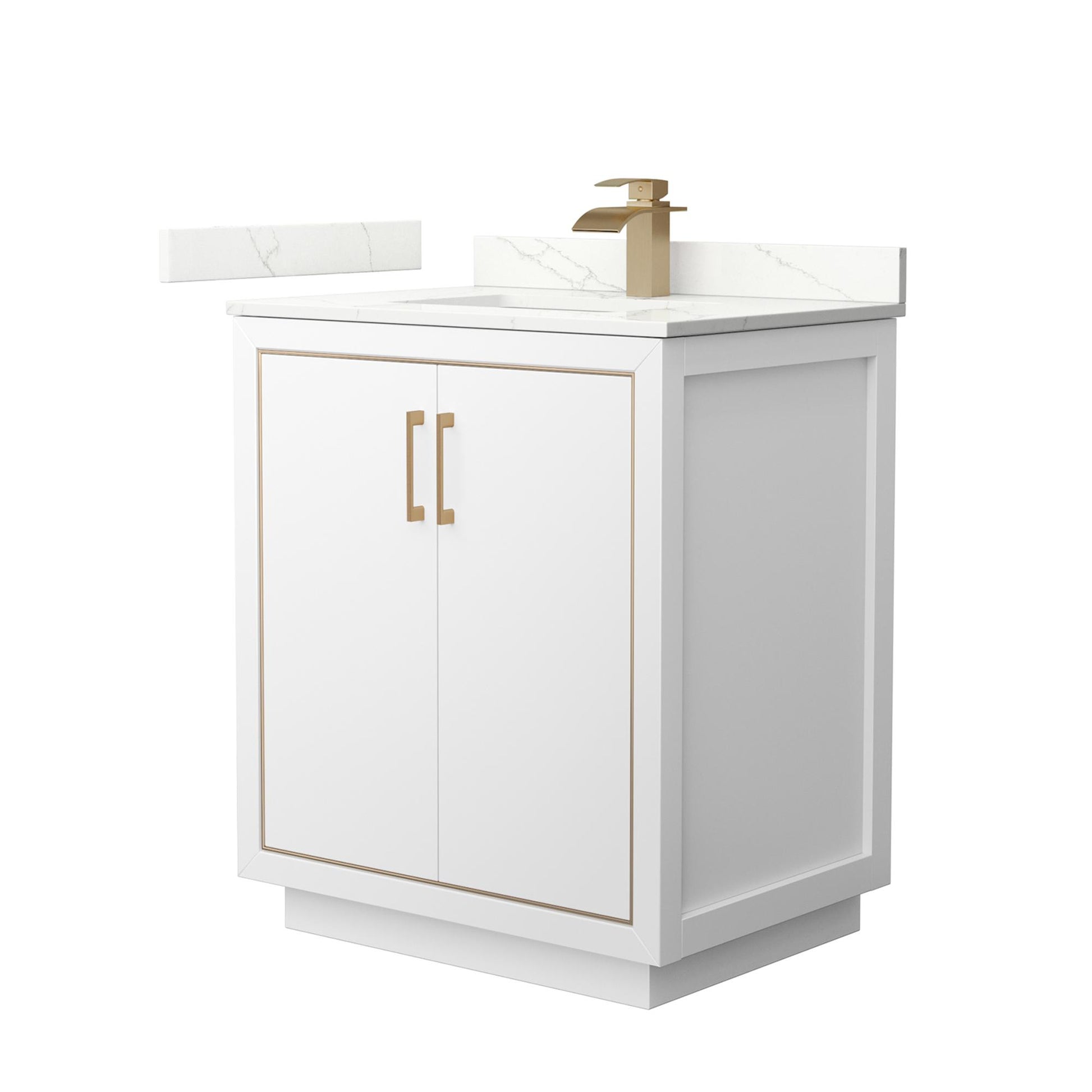 Wyndham Collection Icon 30" Single Bathroom Vanity in White, Giotto Quartz Countertop, Undermount Square Sink (1-Hole), Satin Bronze Trim
