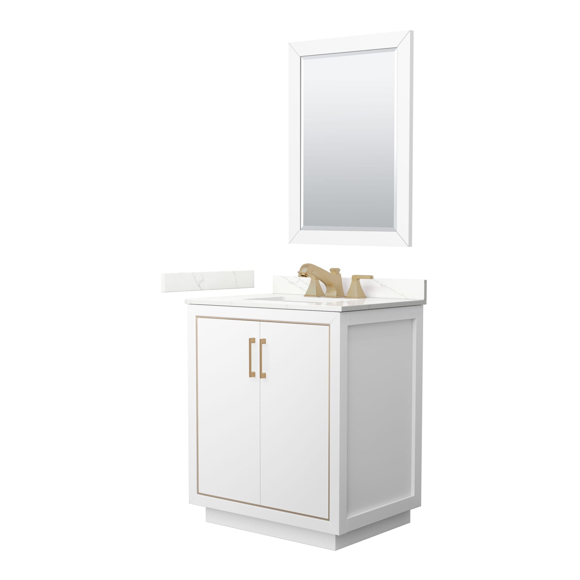 Wyndham Collection Icon 30" Single Bathroom Vanity in White, Giotto Quartz Countertop, Undermount Square Sink (3-Hole), Satin Bronze Trim, 24" Mirror