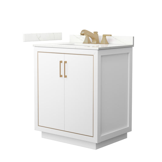 Wyndham Collection Icon 30" Single Bathroom Vanity in White, Giotto Quartz Countertop, Undermount Square Sink (3-Hole), Satin Bronze Trim