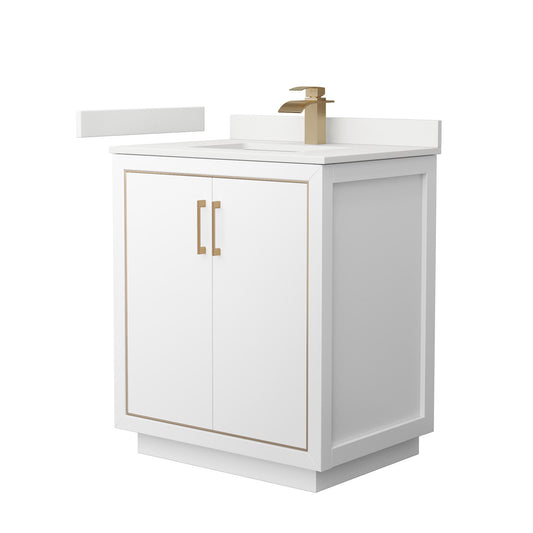 Wyndham Collection Icon 30" Single Bathroom Vanity in White, White Quartz Countertop, Undermount Square Sink (1-Hole), Satin Bronze Trim
