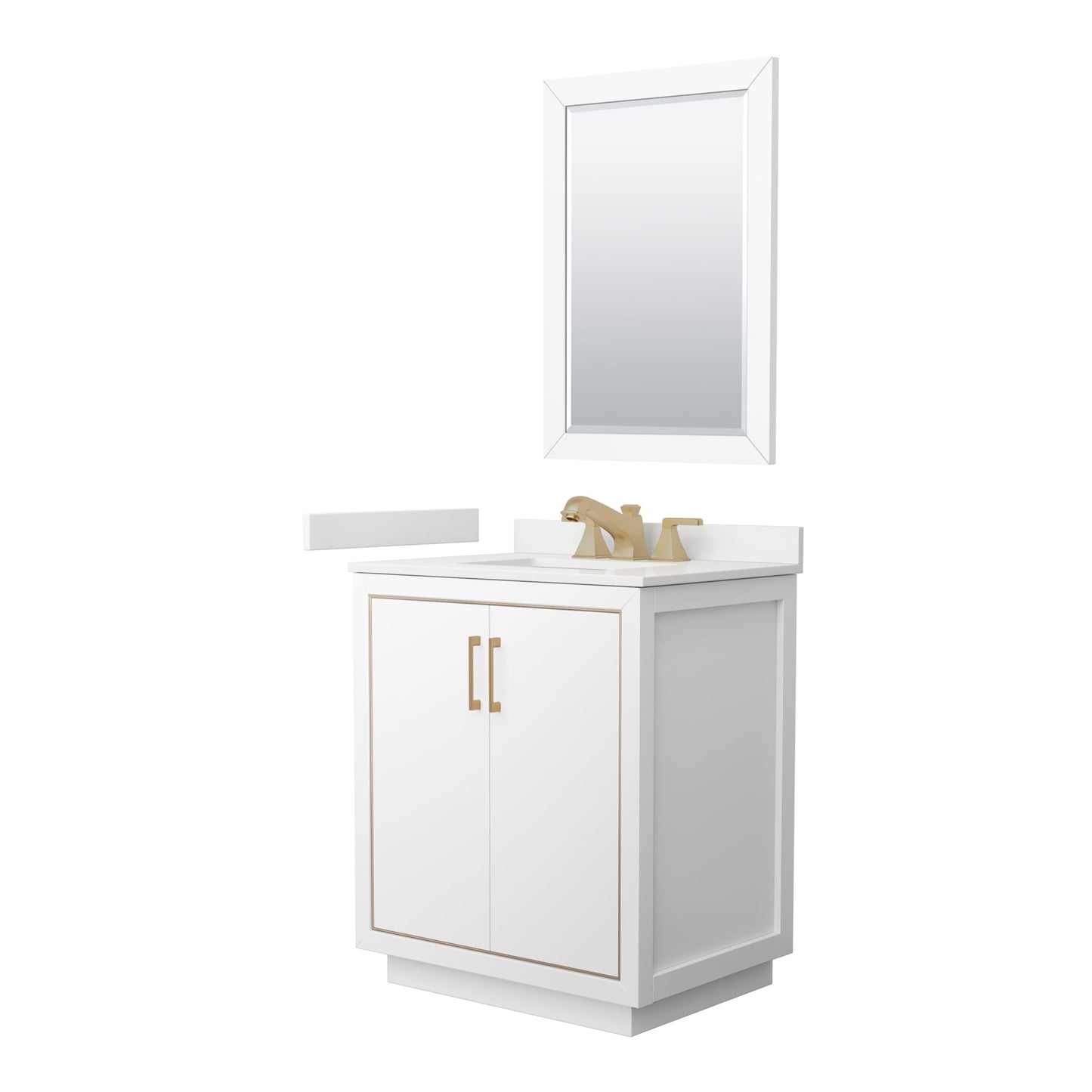 Wyndham Collection Icon 30" Single Bathroom Vanity in White, White Quartz Countertop, Undermount Square Sink (3-Hole), Satin Bronze Trim, 24" Mirror