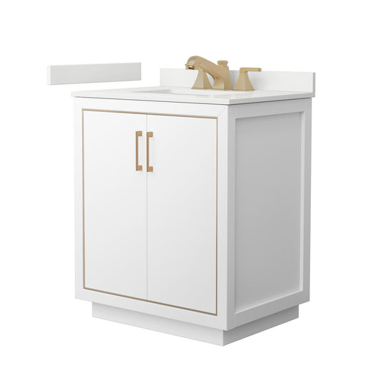 Wyndham Collection Icon 30" Single Bathroom Vanity in White, White Quartz Countertop, Undermount Square Sink (3-Hole), Satin Bronze Trim