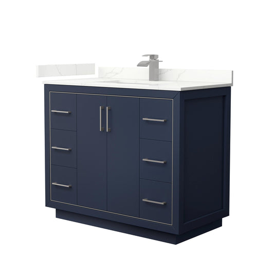 Wyndham Collection Icon 42" Single Bathroom Vanity in Dark Blue, Giotto Quartz Countertop, Undermount Square Sink (1-Hole), Brushed Nickel Trim