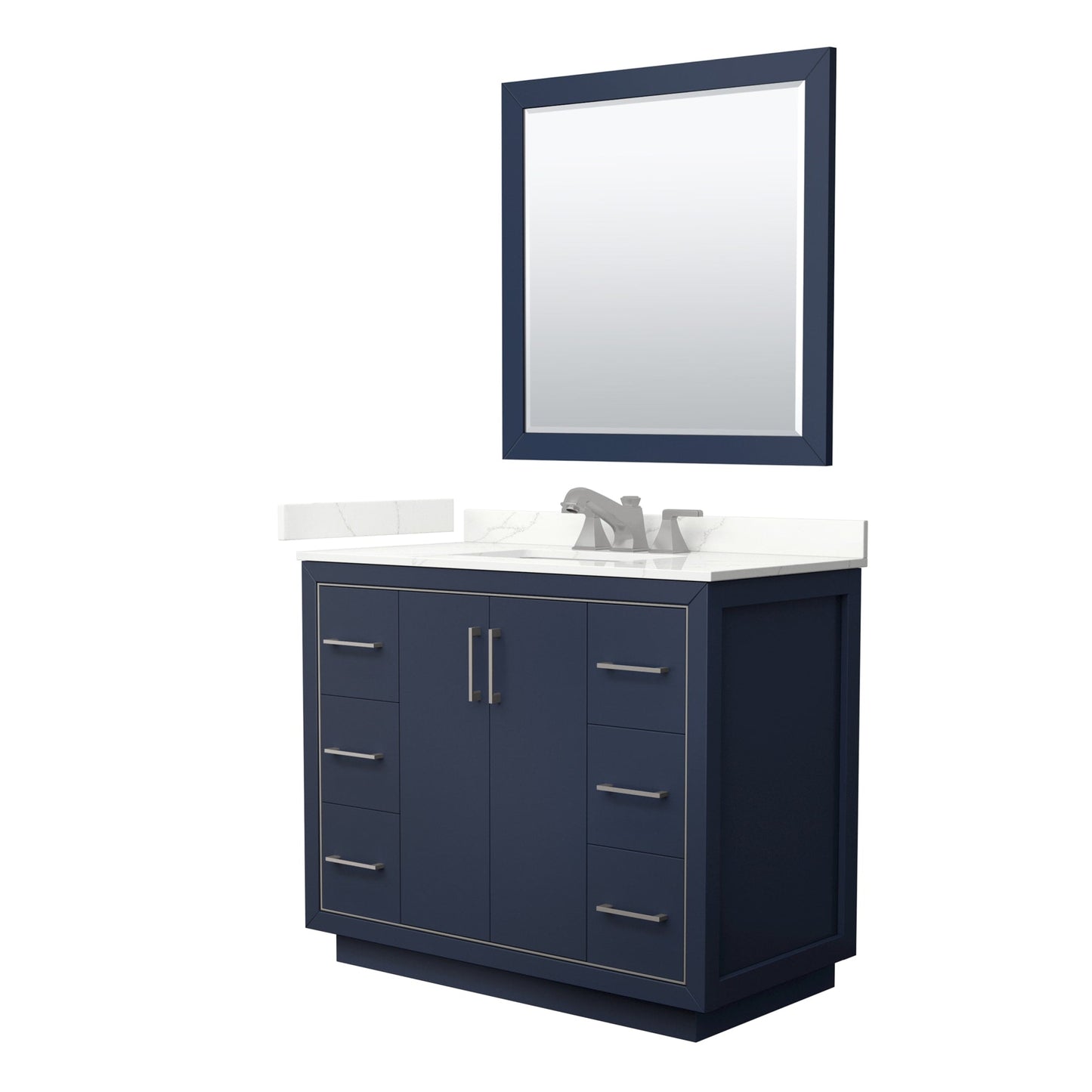 Wyndham Collection Icon 42" Single Bathroom Vanity in Dark Blue, Giotto Quartz Countertop, Undermount Square Sink (3-Hole), Brushed Nickel Trim, 34" Mirror