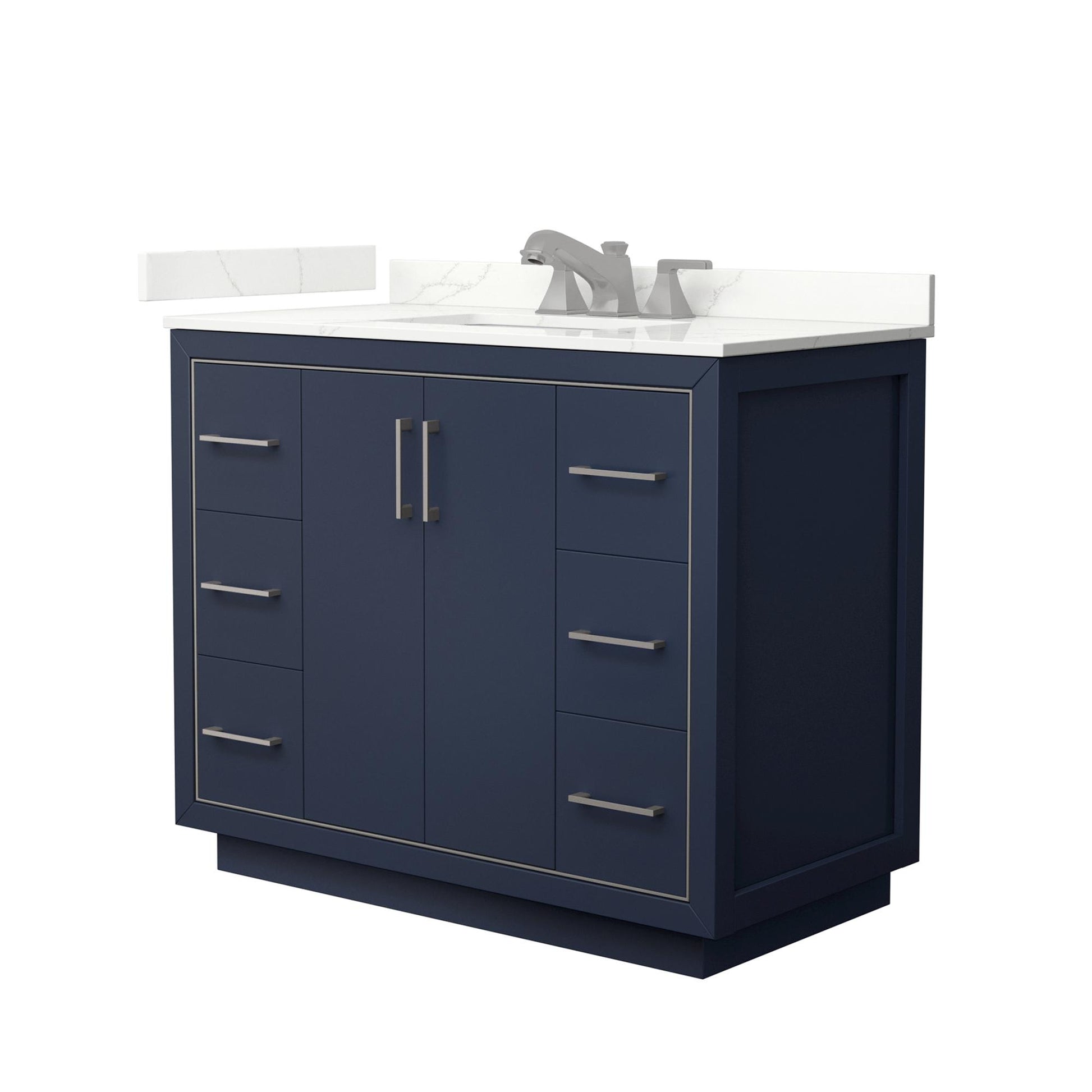 Wyndham Collection Icon 42" Single Bathroom Vanity in Dark Blue, Giotto Quartz Countertop, Undermount Square Sink (3-Hole), Brushed Nickel Trim