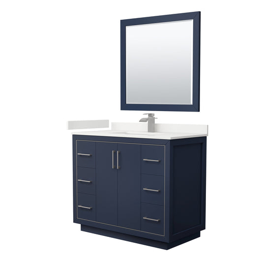 Wyndham Collection Icon 42" Single Bathroom Vanity in Dark Blue, White Quartz Countertop, Undermount Square Sink (1-Hole), Brushed Nickel Trim, 34" Mirror