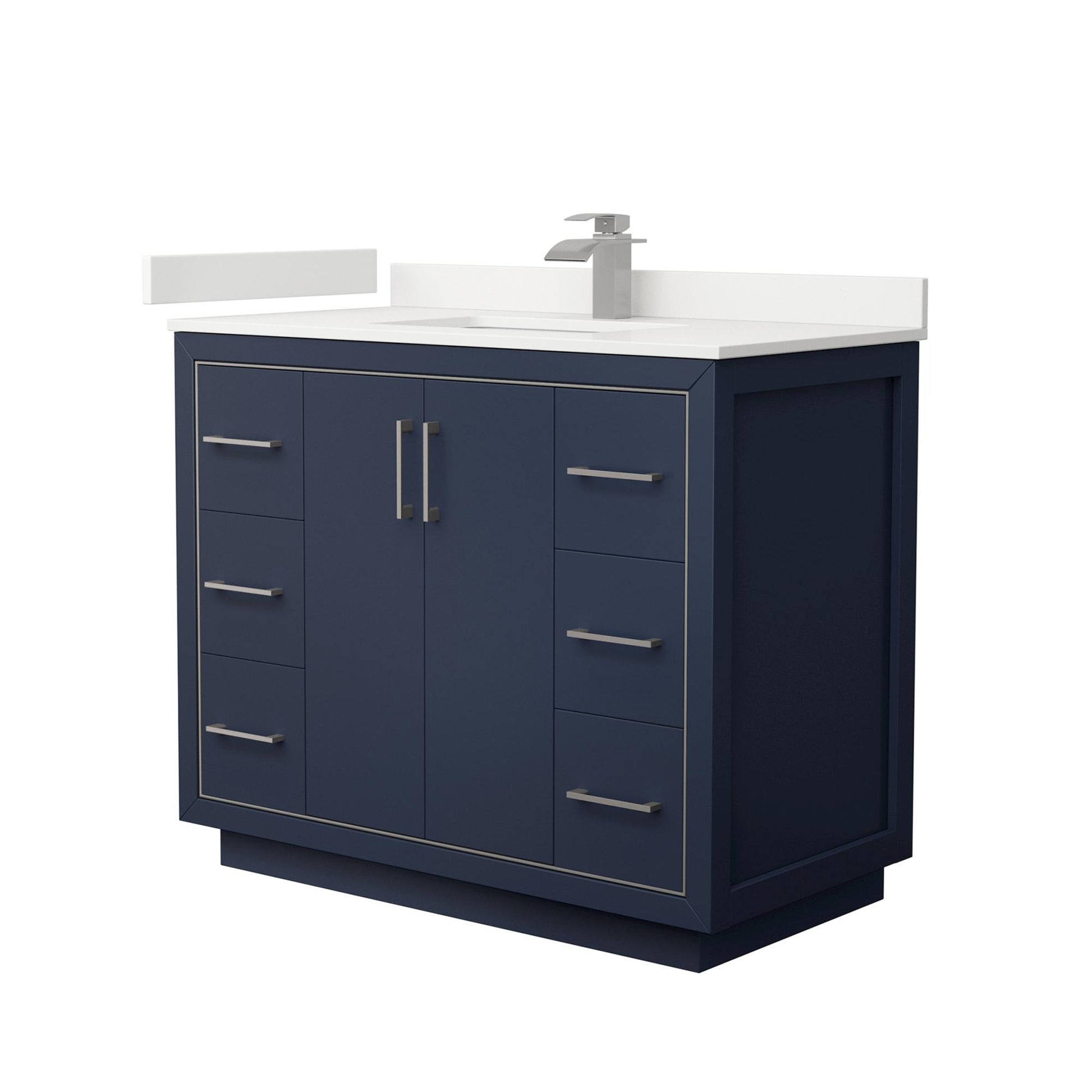 Wyndham Collection Icon 42" Single Bathroom Vanity in Dark Blue, White Quartz Countertop, Undermount Square Sink (1-Hole), Brushed Nickel Trim