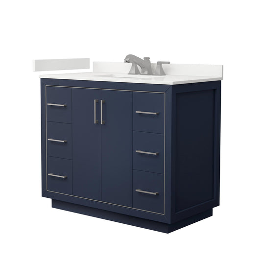 Wyndham Collection Icon 42" Single Bathroom Vanity in Dark Blue, White Quartz Countertop, Undermount Square Sink (3-Hole), Brushed Nickel Trim