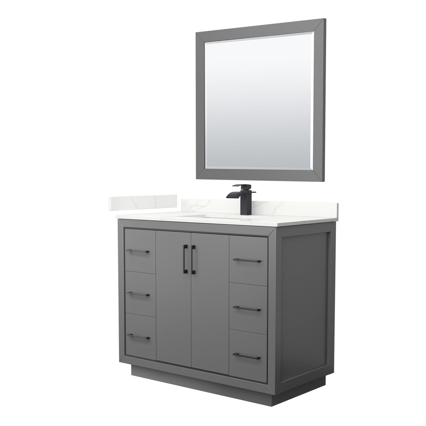 Wyndham Collection Icon 42" Single Bathroom Vanity in Dark Gray, Giotto Quartz Countertop, Undermount Square Sink (1-Hole), Matte Black Trim, 34" Mirror