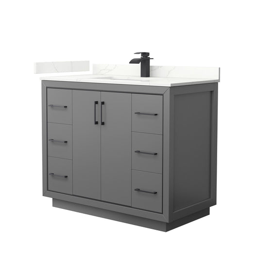 Wyndham Collection Icon 42" Single Bathroom Vanity in Dark Gray, Giotto Quartz Countertop, Undermount Square Sink (1-Hole), Matte Black Trim