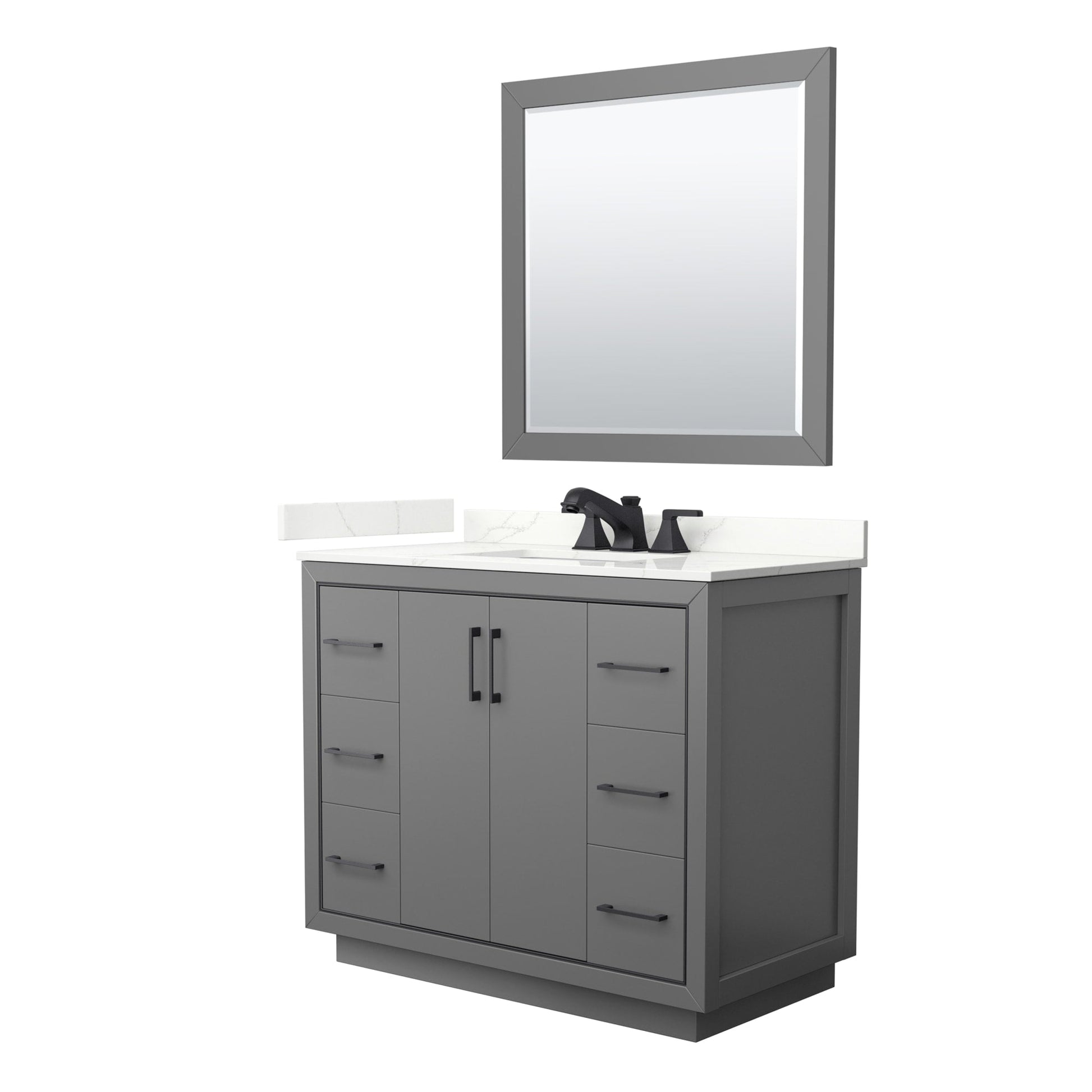 Wyndham Collection Icon 42" Single Bathroom Vanity in Dark Gray, Giotto Quartz Countertop, Undermount Square Sink (3-Hole), Matte Black Trim, 34" Mirror