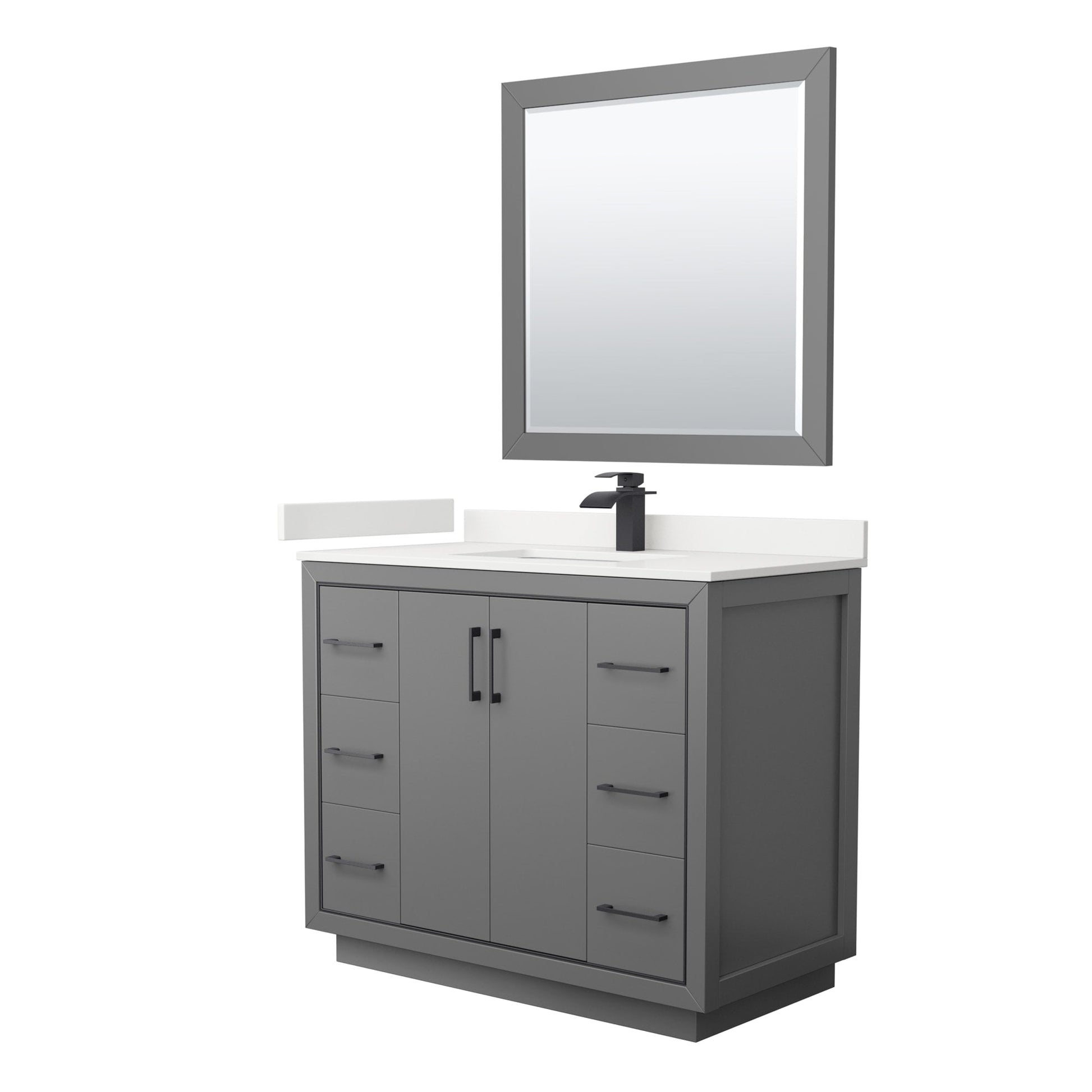 Wyndham Collection Icon 42" Single Bathroom Vanity in Dark Gray, White Quartz Countertop, Undermount Square Sink (1-Hole), Matte Black Trim, 34" Mirror