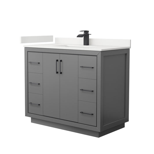 Wyndham Collection Icon 42" Single Bathroom Vanity in Dark Gray, White Quartz Countertop, Undermount Square Sink (1-Hole), Matte Black Trim