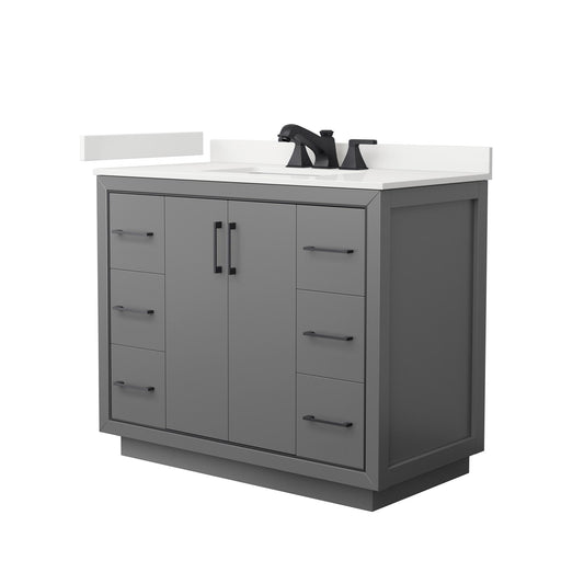 Wyndham Collection Icon 42" Single Bathroom Vanity in Dark Gray, White Quartz Countertop, Undermount Square Sink (3-Hole), Matte Black Trim