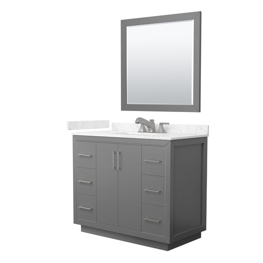Wyndham Collection Icon 42" Single Bathroom Vanity in Dark Gray, Carrara Cultured Marble Countertop, Undermount Square Sink (3-Hole), Brushed Nickel Trim, 34" Mirror