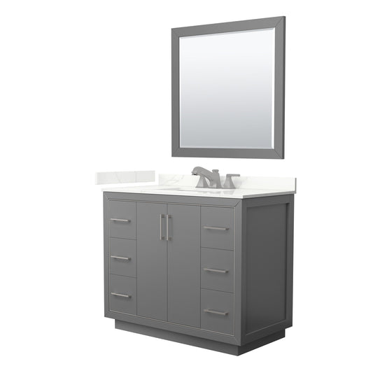 Wyndham Collection Icon 42" Single Bathroom Vanity in Dark Gray, Giotto Quartz Countertop, Undermount Square Sink (3-Hole), Brushed Nickel Trim, 34" Mirror