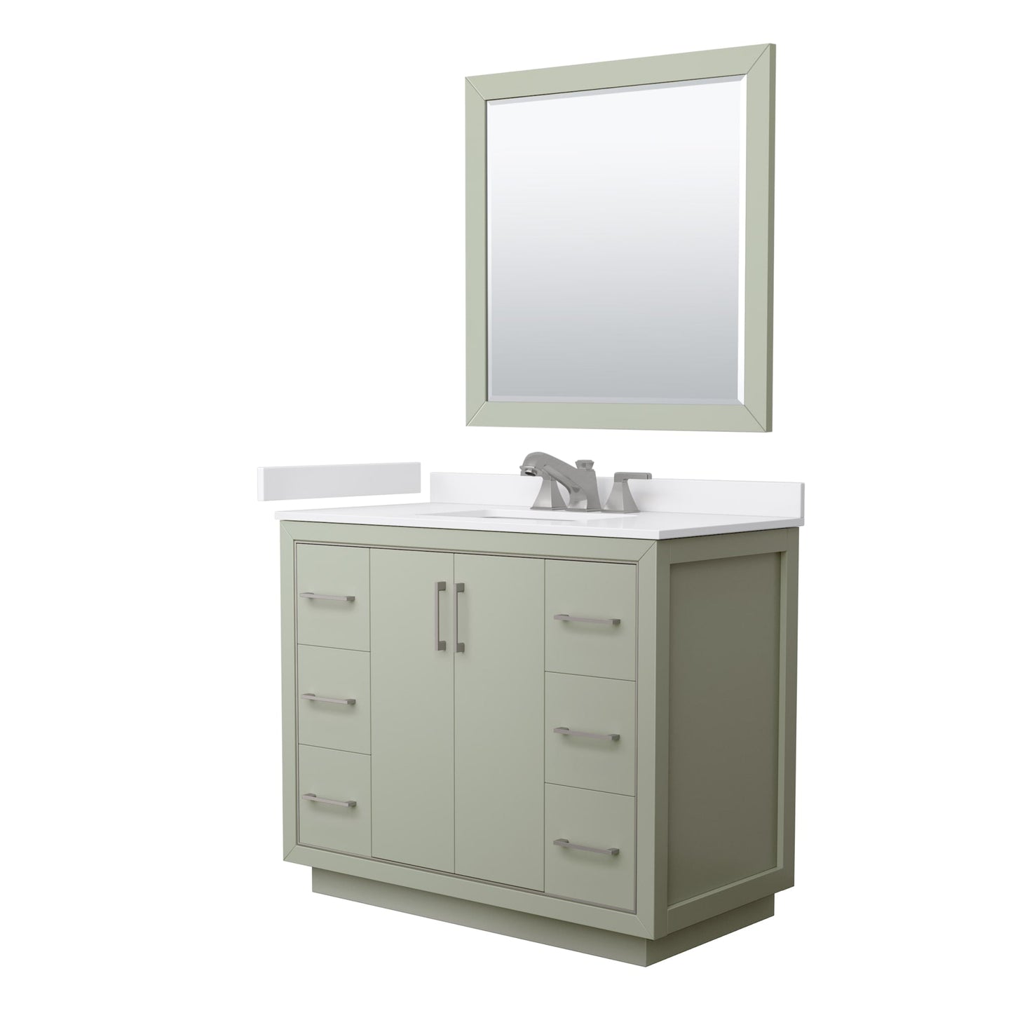 Wyndham Collection Icon 42" Single Bathroom Vanity in Light Green, White Cultured Marble Countertop, Undermount Square Sink (3-Hole), Brushed Nickel Trim, 34" Mirror