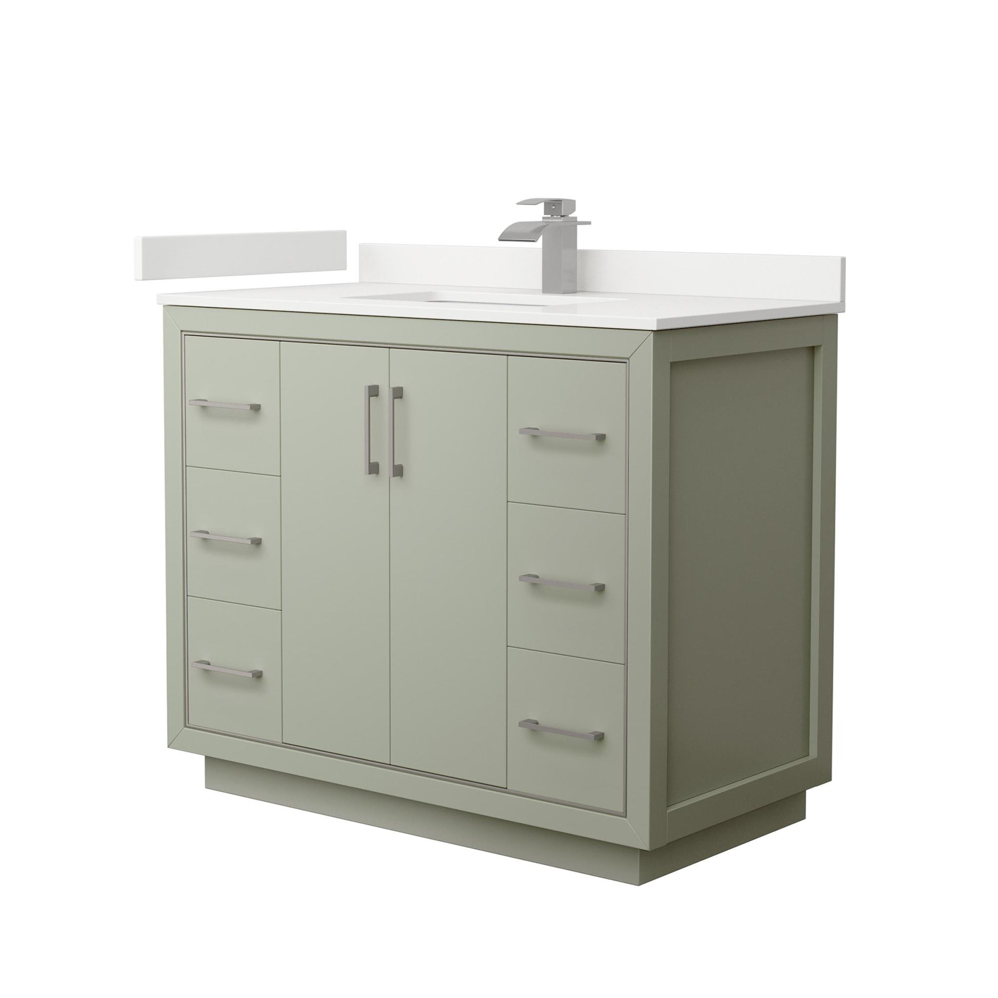 Wyndham Collection Icon 42" Single Bathroom Vanity in Light Green, White Quartz Countertop, Undermount Square Sink (1-Hole), Brushed Nickel Trim
