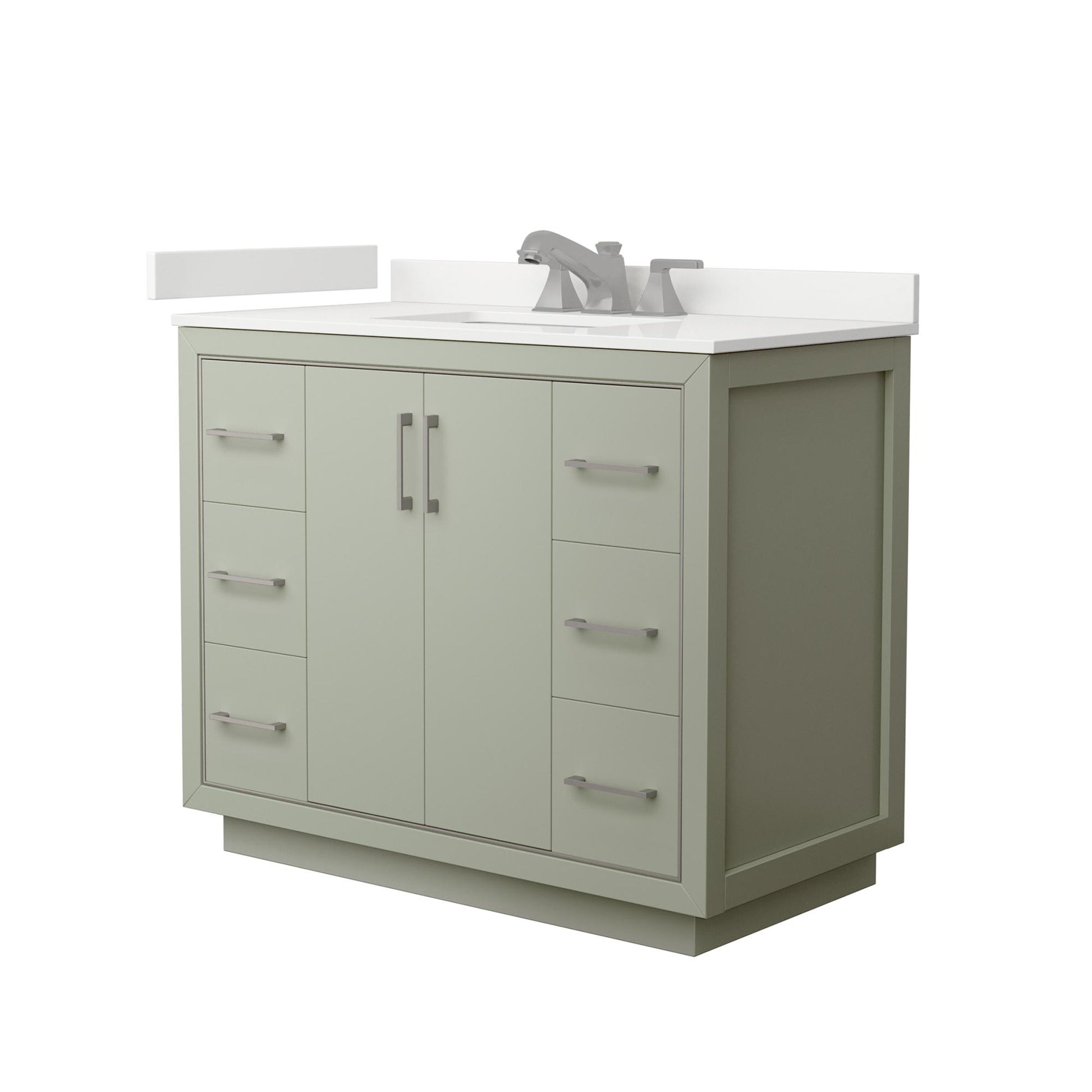Wyndham Collection Icon 42" Single Bathroom Vanity in Light Green, White Quartz Countertop, Undermount Square Sink (3-Hole), Brushed Nickel Trim