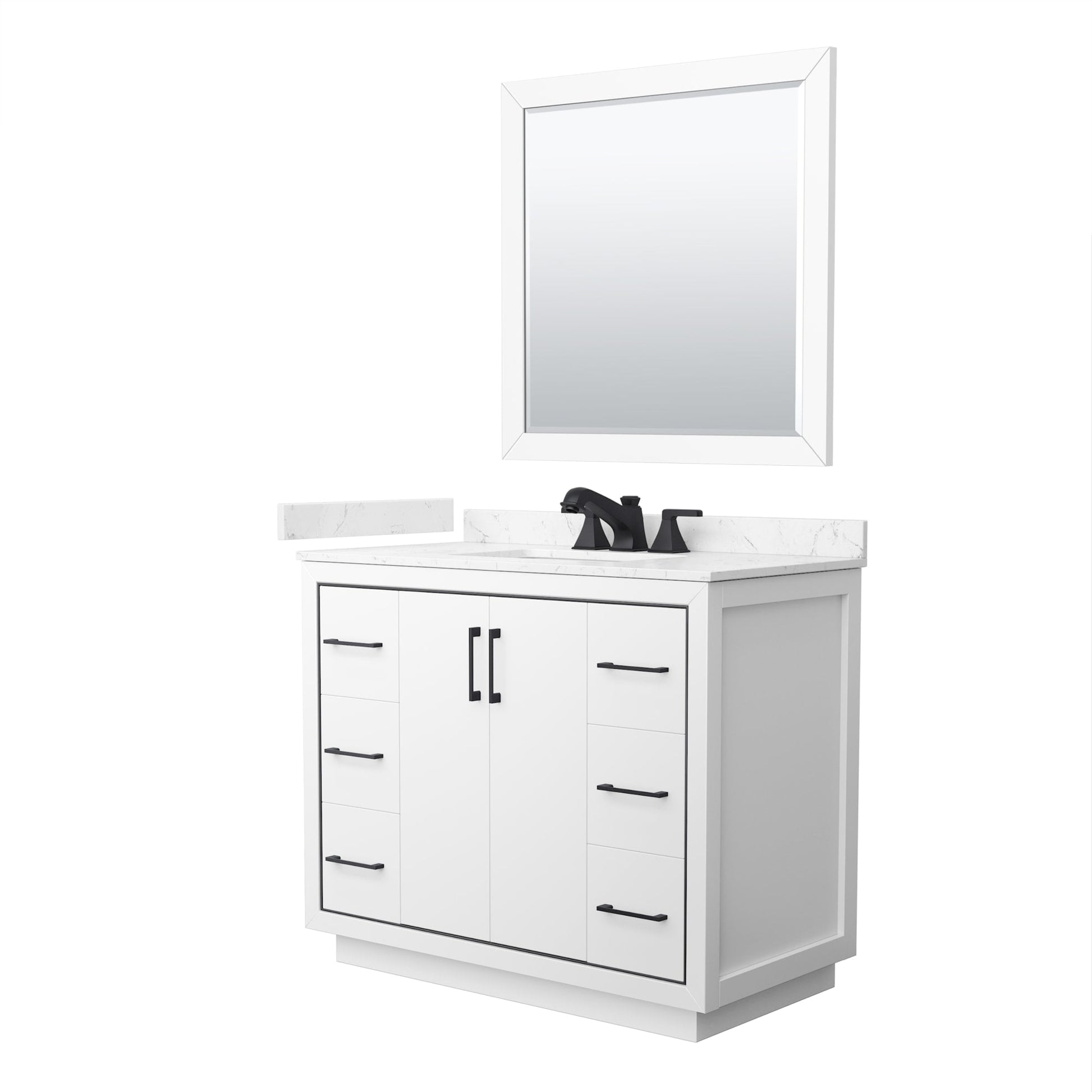 Wyndham Collection Icon 42" Single Bathroom Vanity in White, Carrara Cultured Marble Countertop, Undermount Square Sink (3-Hole), Matte Black Trim, 34" Mirror