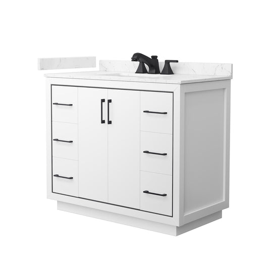 Wyndham Collection Icon 42" Single Bathroom Vanity in White, Carrara Cultured Marble Countertop, Undermount Square Sink (3-Hole), Matte Black Trim