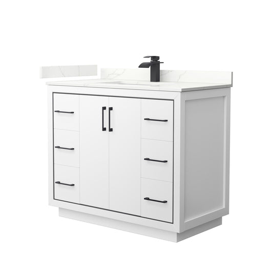 Wyndham Collection Icon 42" Single Bathroom Vanity in White, Giotto Quartz Countertop, Undermount Square Sink (1-Hole), Matte Black Trim