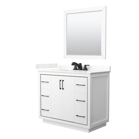 Wyndham Collection Icon 42" Single Bathroom Vanity in White, Giotto Quartz Countertop, Undermount Square Sink (3-Hole), Matte Black Trim, 34" Mirror