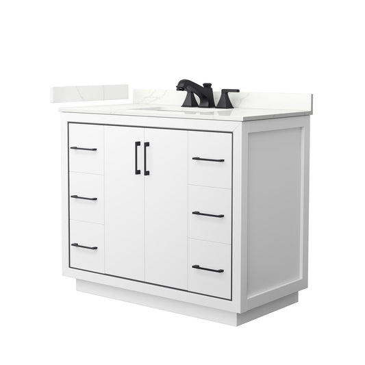 Wyndham Collection Icon 42" Single Bathroom Vanity in White, Giotto Quartz Countertop, Undermount Square Sink (3-Hole), Matte Black Trim
