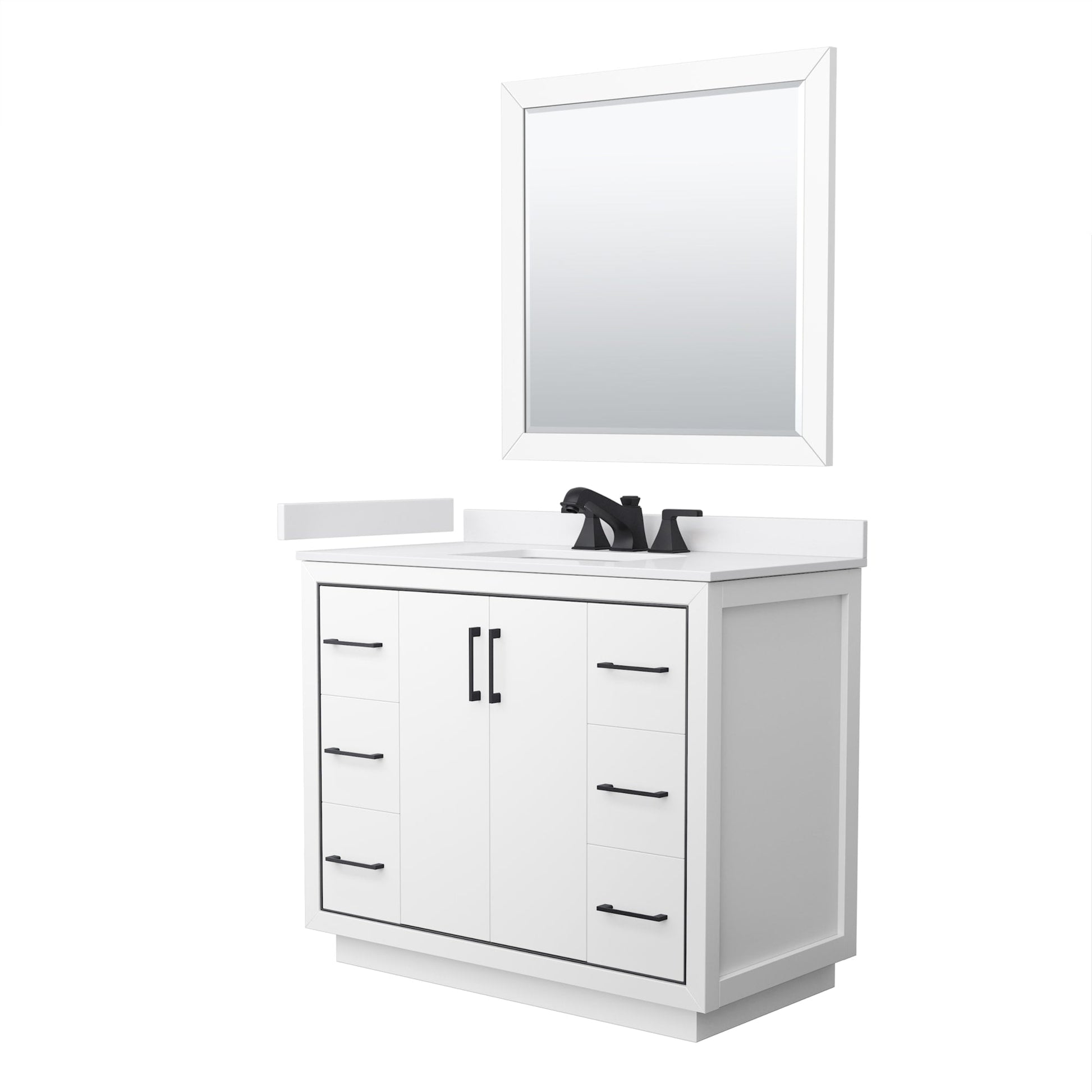 Wyndham Collection Icon 42" Single Bathroom Vanity in White, White Cultured Marble Countertop, Undermount Square Sink (3-Hole), Matte Black Trim, 34" Mirror