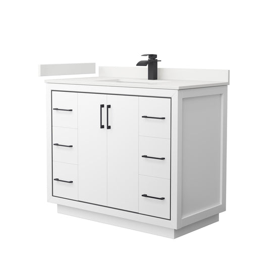 Wyndham Collection Icon 42" Single Bathroom Vanity in White, White Quartz Countertop, Undermount Square Sink (1-Hole), Matte Black Trim