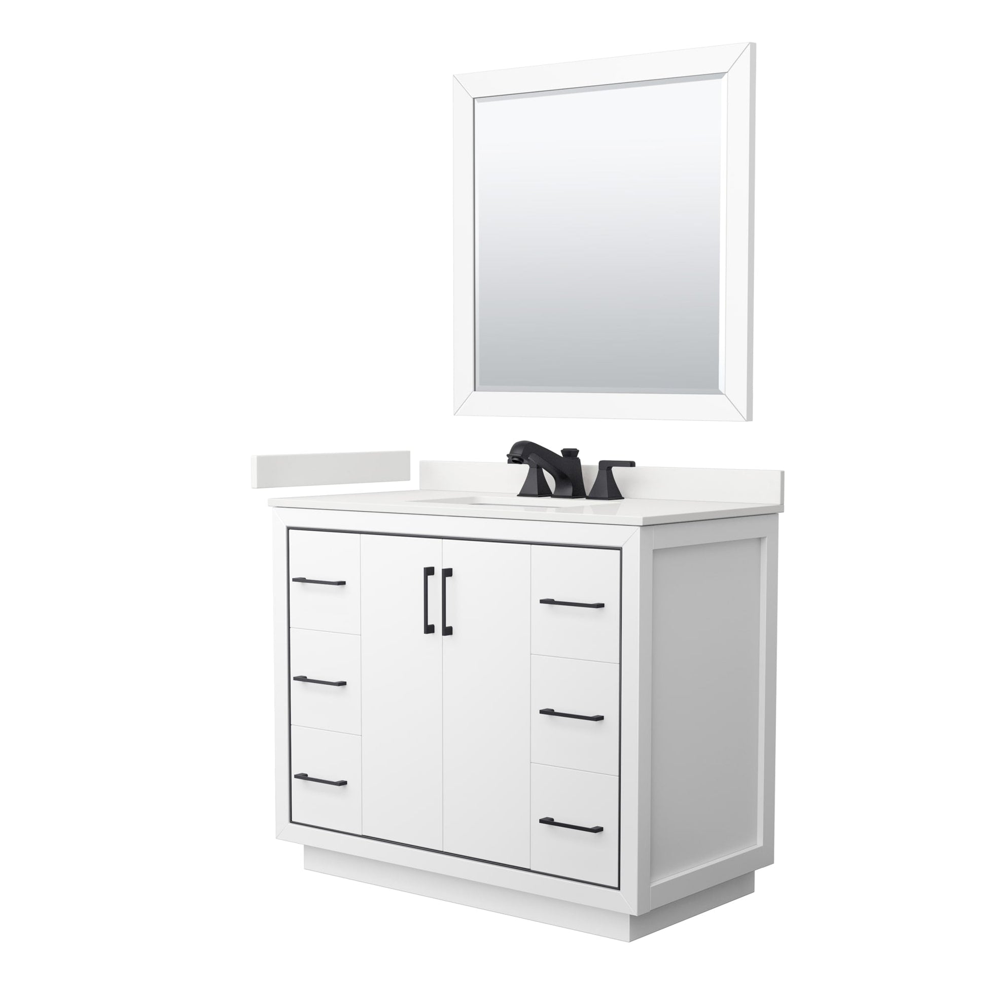 Wyndham Collection Icon 42" Single Bathroom Vanity in White, White Quartz Countertop, Undermount Square Sink (3-Hole), Matte Black Trim, 34" Mirror