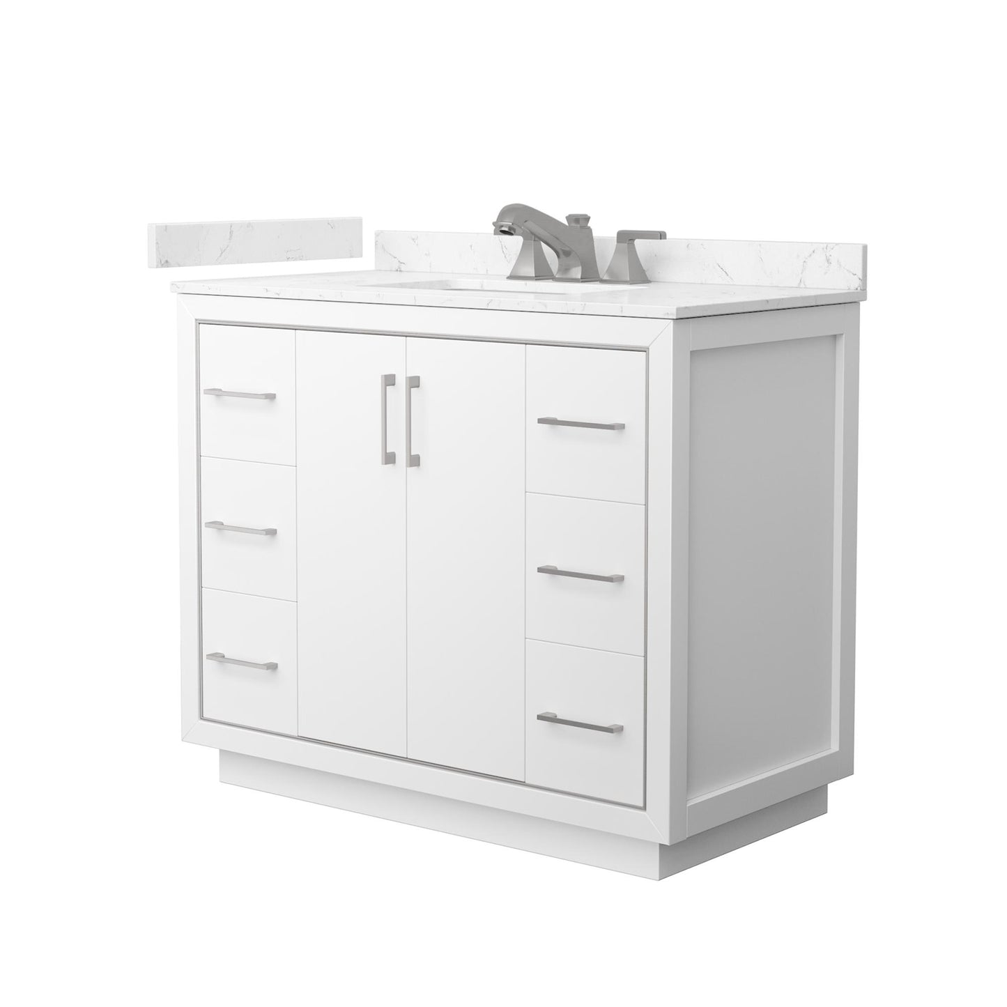 Wyndham Collection Icon 42" Single Bathroom Vanity in White, Carrara Cultured Marble Countertop, Undermount Square Sink (3-Hole), Brushed Nickel Trim