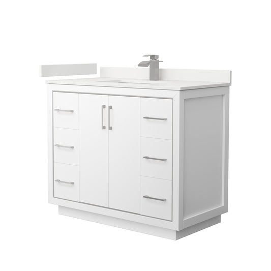 Wyndham Collection Icon 42" Single Bathroom Vanity in White, White Quartz Countertop, Undermount Square Sink (1-Hole), Brushed Nickel Trim