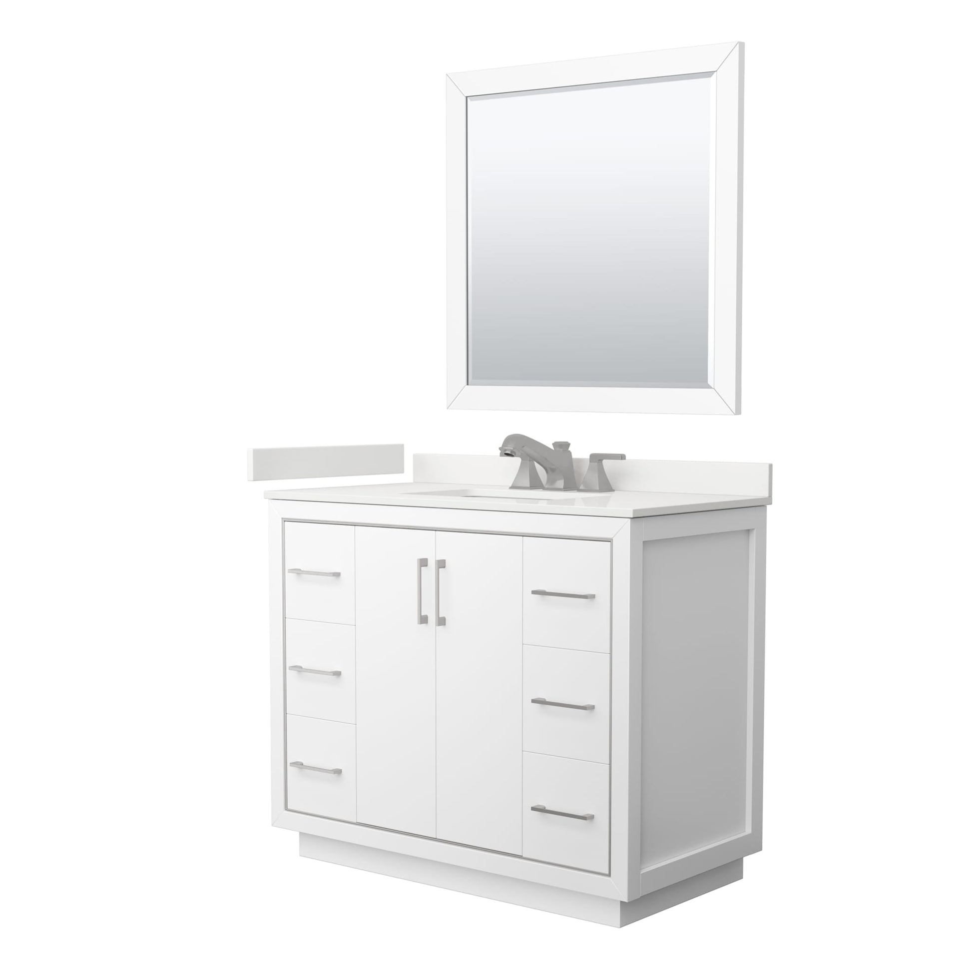 Wyndham Collection Icon 42" Single Bathroom Vanity in White, White Quartz Countertop, Undermount Square Sink (3-Hole), Brushed Nickel Trim, 34" Mirror