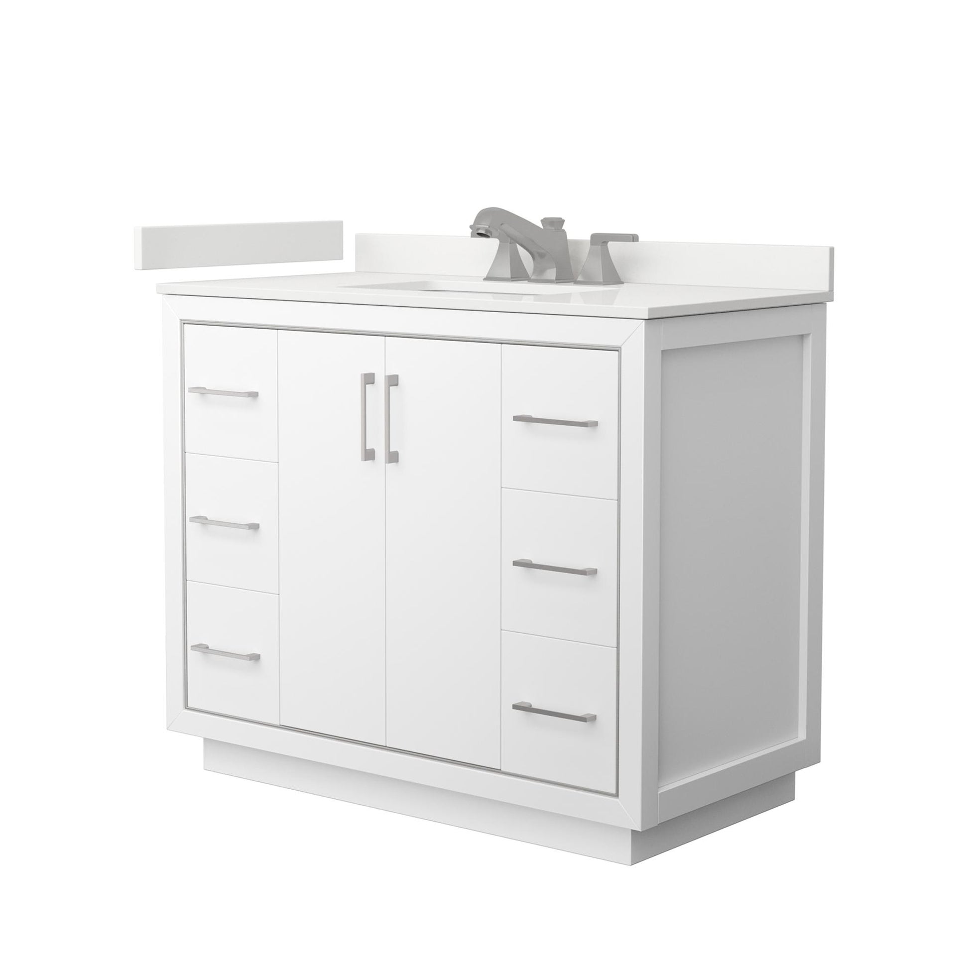 Wyndham Collection Icon 42" Single Bathroom Vanity in White, White Quartz Countertop, Undermount Square Sink (3-Hole), Brushed Nickel Trim