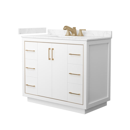 Wyndham Collection Icon 42" Single Bathroom Vanity in White, Carrara Cultured Marble Countertop, Undermount Square Sink (3-Hole), Satin Bronze Trim