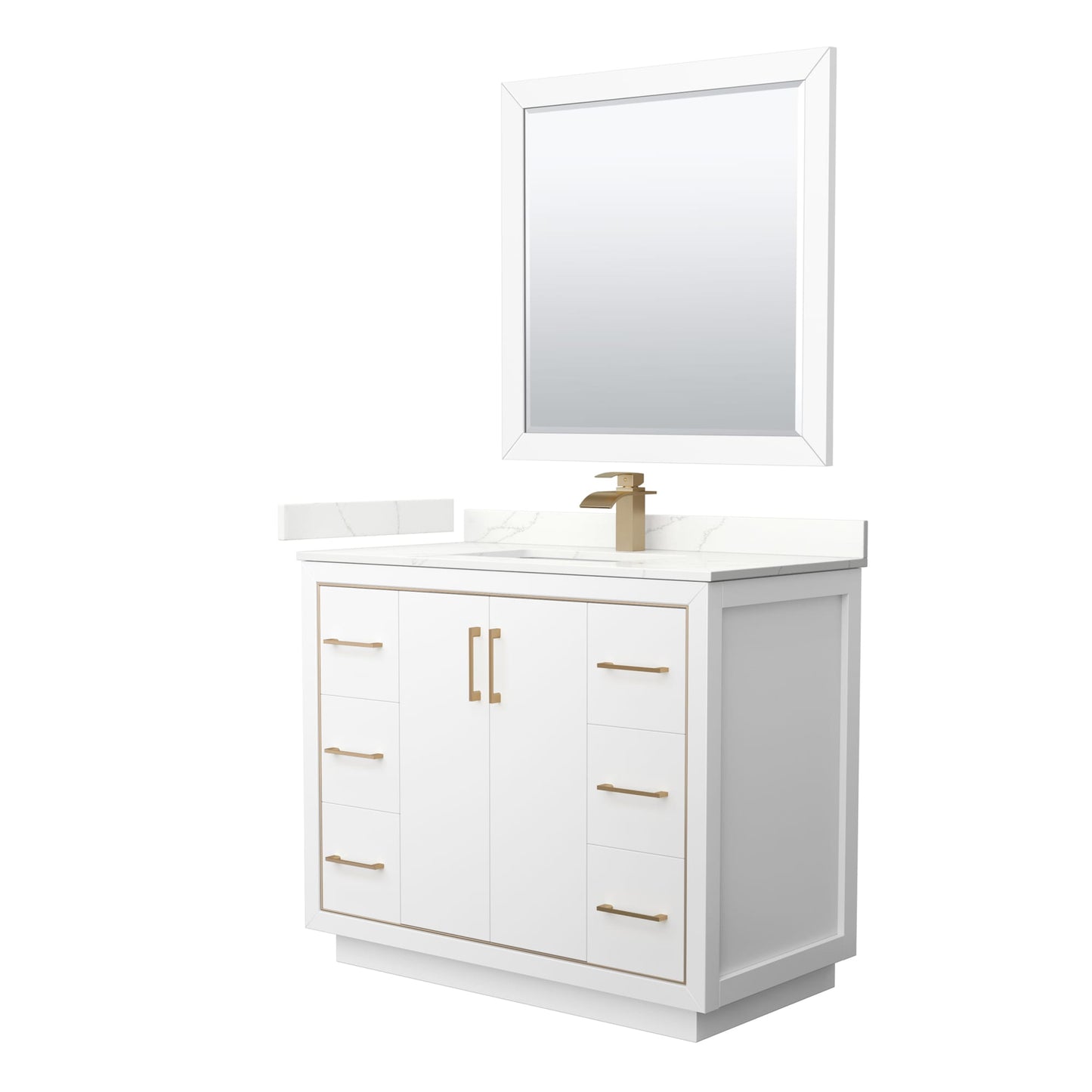 Wyndham Collection Icon 42" Single Bathroom Vanity in White, Giotto Quartz Countertop, Undermount Square Sink (1-Hole), Satin Bronze Trim, 34" Mirror