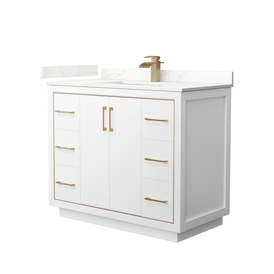 Wyndham Collection Icon 42" Single Bathroom Vanity in White, Giotto Quartz Countertop, Undermount Square Sink (1-Hole), Satin Bronze Trim