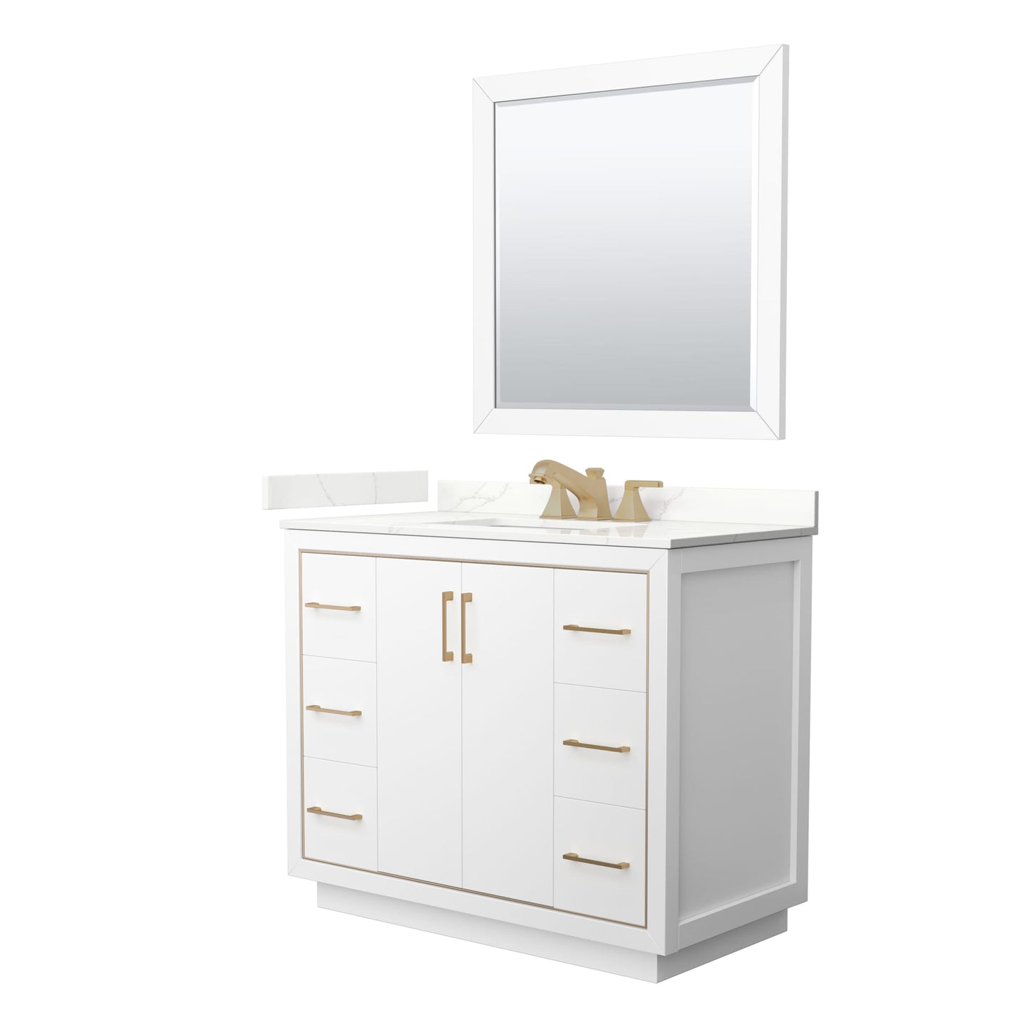 Wyndham Collection Icon 42" Single Bathroom Vanity in White, Giotto Quartz Countertop, Undermount Square Sink (3-Hole), Satin Bronze Trim, 34" Mirror